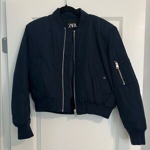 Zara Women's Dark Blue Crop Bomber Jacket